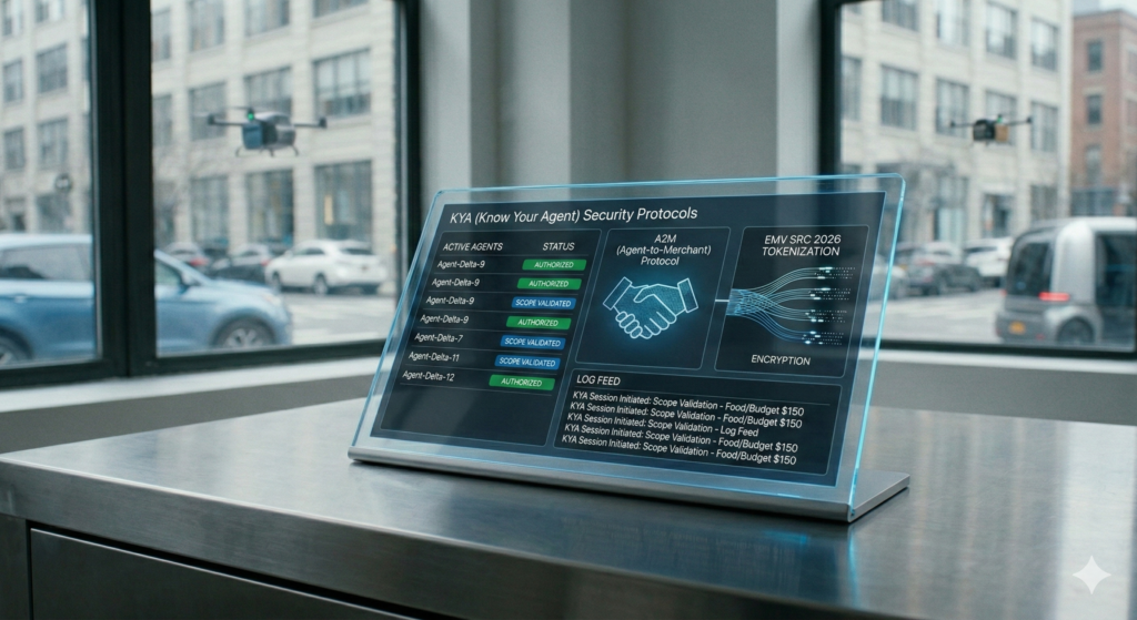 High-tech glass display showing KYA security logs, A2M protocols, and EMV SRC tokenization.