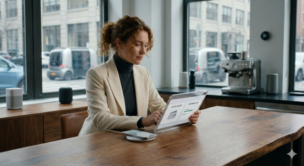 A professional woman in a modern loft managing AI agents on a transparent tablet.