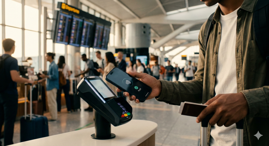 A traveler using a smartphone for a contactless payment at a modern 2026 airport terminal.