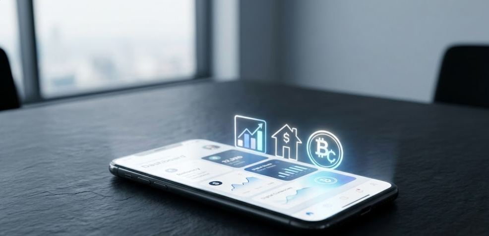 A complex digital asset management interface and security icons displayed on a 2026 premium smartphone.