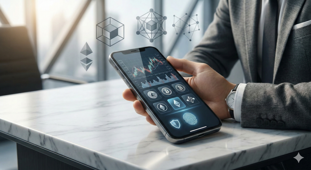 A holographic integrated management dashboard for stocks, real estate, and crypto assets rising above a smartphone screen.
